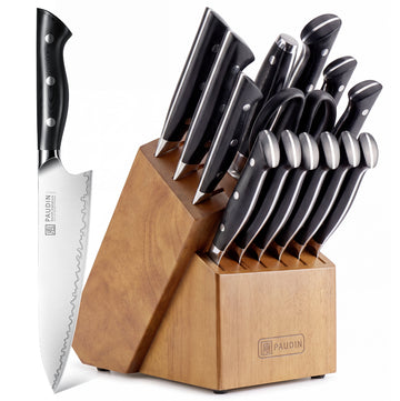 PAUDIN ZT1 Zeneath 16-Piece Japanese Knife Block Set with Built-In Sharpener