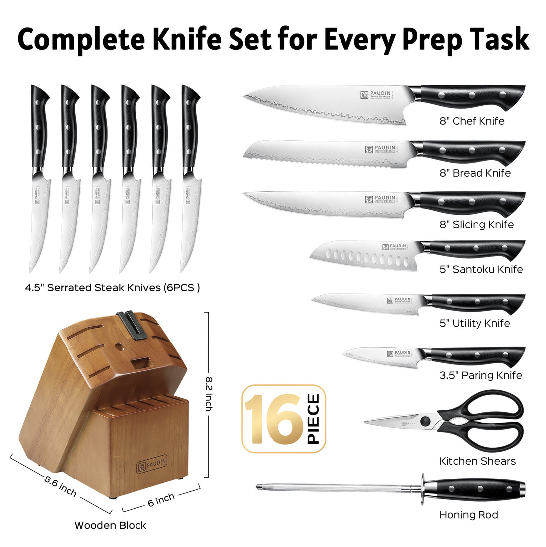 PAUDIN ZT1 Zeneath 16-Piece Japanese Knife Block Set with Built-In Sharpener