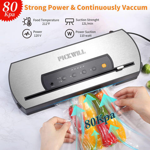 PICKWILL Effortless Vacuum Sealer 80Kpa Powerful Compression for Freshness with Starter Bags & Roll - Paudin Store