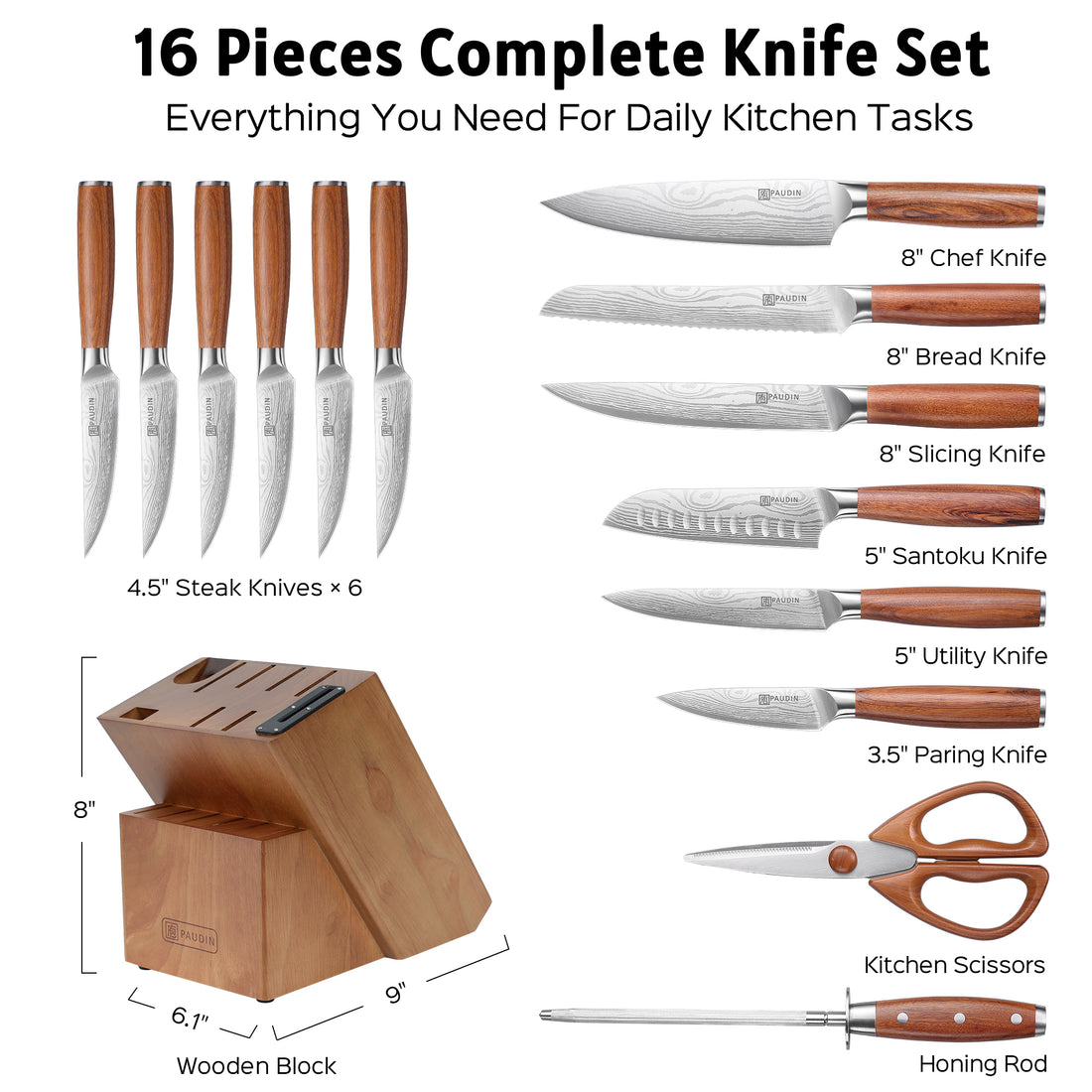 Paudin Birkin 16-in-1 Block Kitchen Knives Set Chef Knives Set