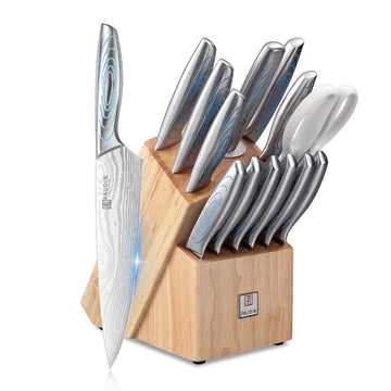 PAUDIN ET1 Kitchen Knife Set, 14 Piece Knife Block Set with Unique Water Ripple Handles