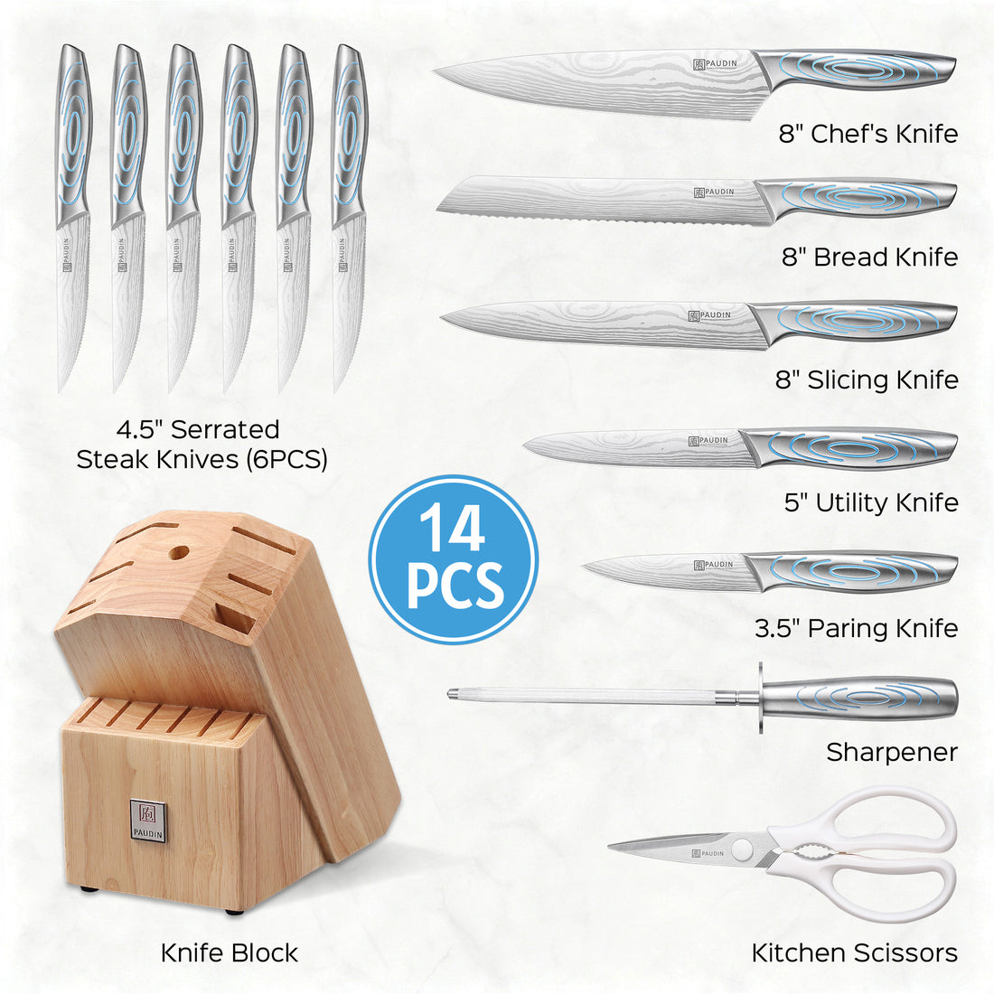 PAUDIN ET1 Kitchen Knife Set, 14 Piece Knife Block Set with Unique Water Ripple Handles