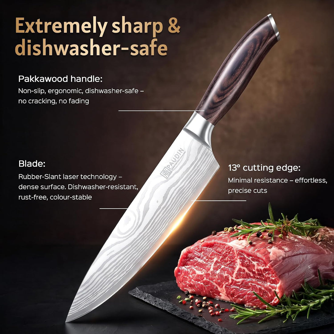 PAUDIN KT9 10-Piece Knife Set with Wooden Knife Block & Built-in Sharpener