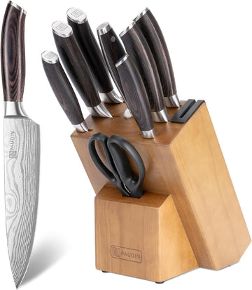 PAUDIN KT9 10-Piece Knife Set with Wooden Knife Block & Built-in Sharpener